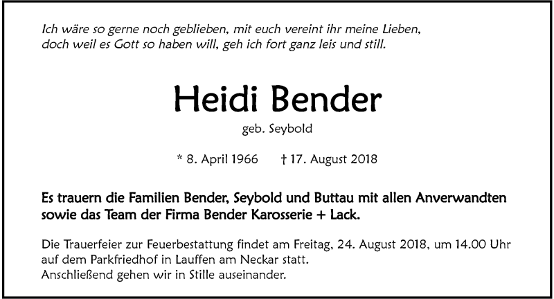  Traueranzeige für Heidi Bender vom 21.08.2018 aus 