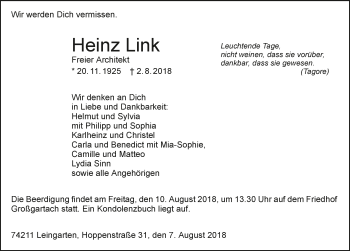 Traueranzeige von Heinz Link 