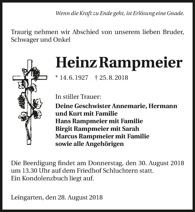  Traueranzeige für Heinz Rampmeier vom 28.08.2018 aus 