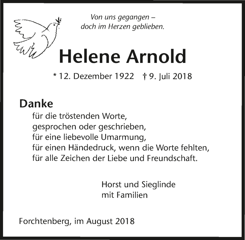  Traueranzeige für Helene Arnold vom 04.08.2018 aus 