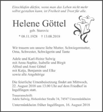 Traueranzeige von Helene Göttel 