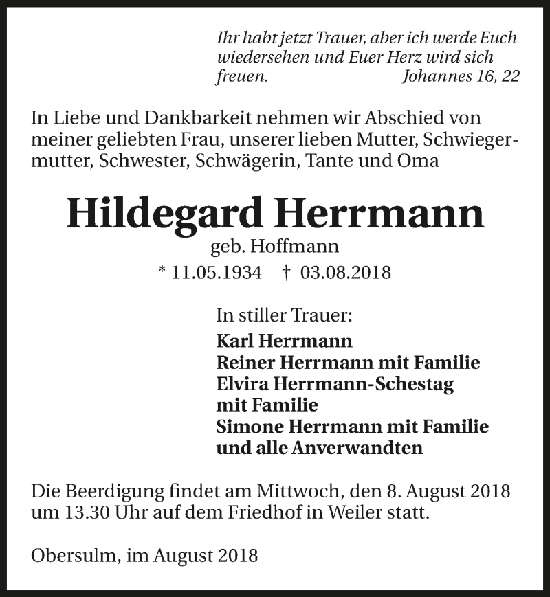  Traueranzeige für Hildegard Herrmann vom 07.08.2018 aus 