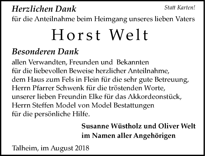  Traueranzeige für Horst Welt vom 04.08.2018 aus 