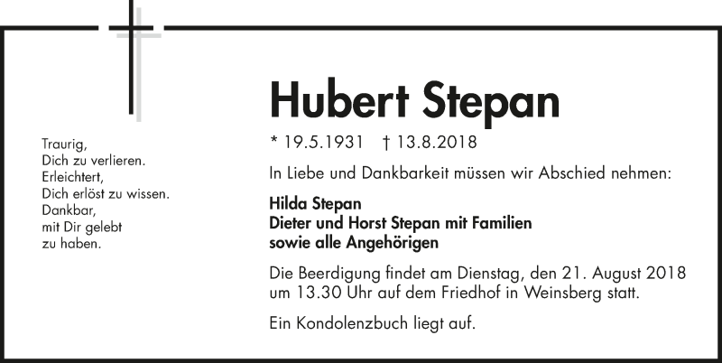  Traueranzeige für Hubert Stepan vom 16.08.2018 aus 