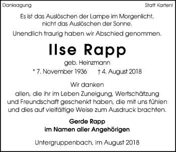Traueranzeige von Ilse Rapp 
