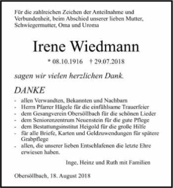 Traueranzeige von Irene Wiedmann 