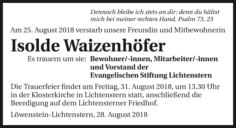  Traueranzeige für Isolde Waizenhöfer vom 29.08.2018 aus 
