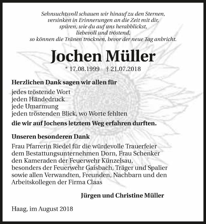  Traueranzeige für Jochen Müller vom 11.08.2018 aus 