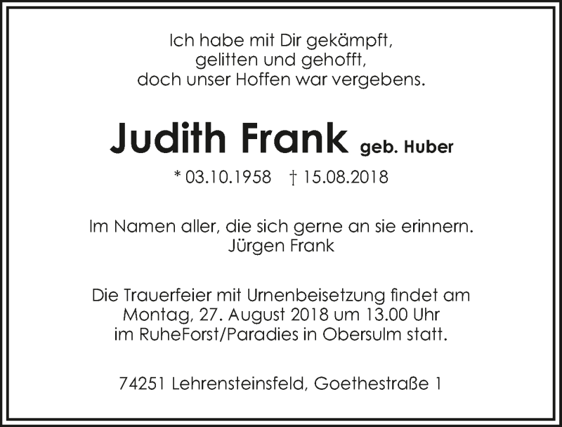  Traueranzeige für Judith Frank vom 22.08.2018 aus 