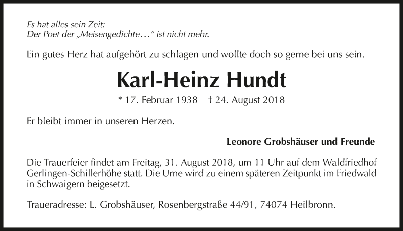  Traueranzeige für Karl-Heinz Hundt vom 28.08.2018 aus 