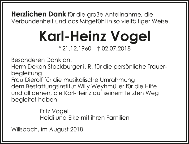  Traueranzeige für Karl-Heinz Vogel vom 04.08.2018 aus 