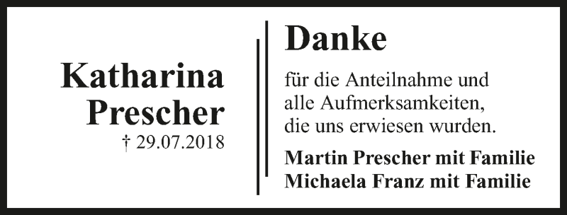  Traueranzeige für Katharina Prescher vom 25.08.2018 aus 