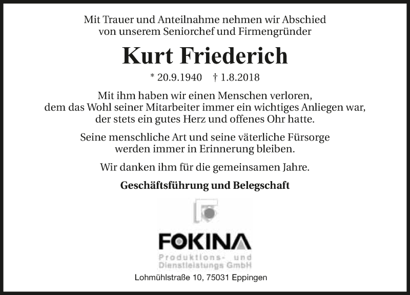  Traueranzeige für Kurt Friederich vom 07.08.2018 aus 