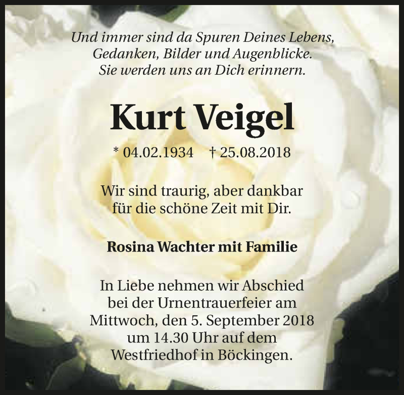  Traueranzeige für Kurt Veigel vom 01.09.2018 aus 