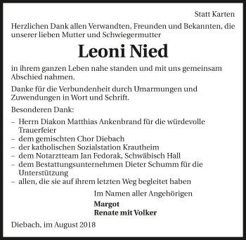 Traueranzeige von Leoni Nied 