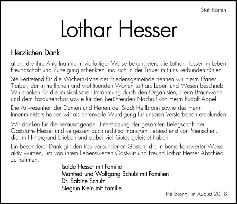  Traueranzeige für Lothar Hesser vom 29.08.2018 aus 