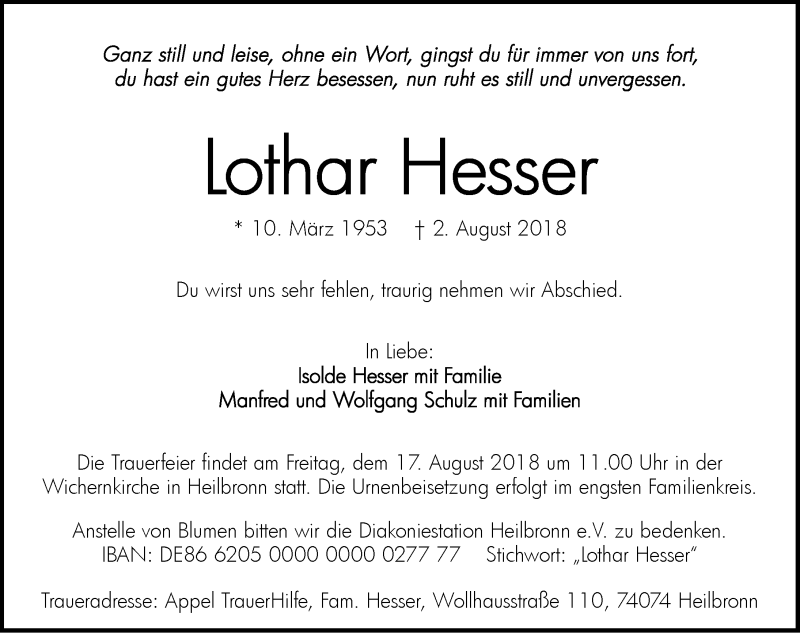  Traueranzeige für Lothar Hesser vom 08.08.2018 aus 