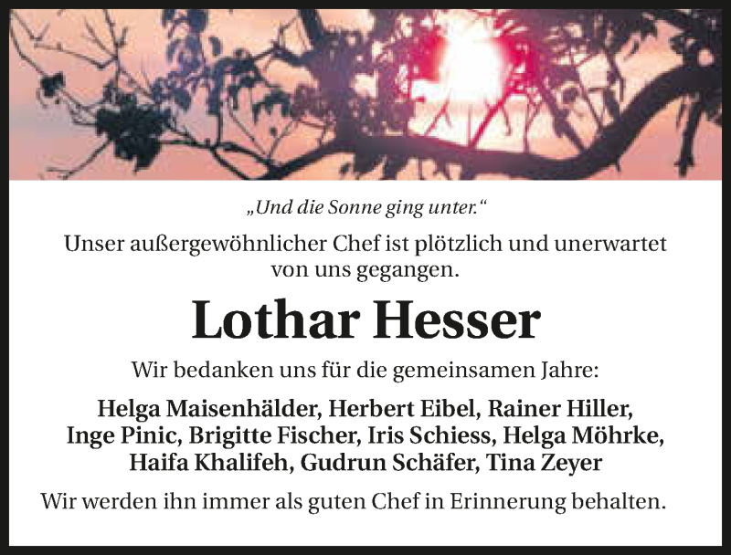  Traueranzeige für Lothar Hesser vom 11.08.2018 aus 
