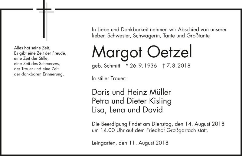  Traueranzeige für Margot Oetzel vom 11.08.2018 aus 