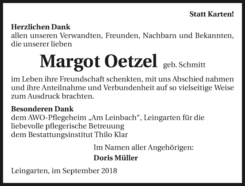  Traueranzeige für Margot Oetzel vom 01.09.2018 aus 