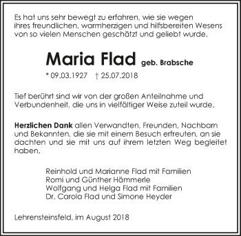Traueranzeige von Maria Flad 