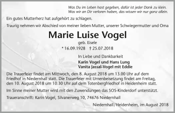 Traueranzeige von Marie-Luise Vogel 