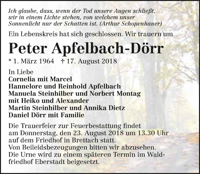  Traueranzeige für Peter Apfelbach-Dörr vom 21.08.2018 aus 
