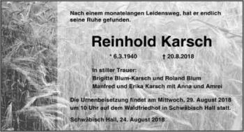 Traueranzeige von Reinhold Karsch 