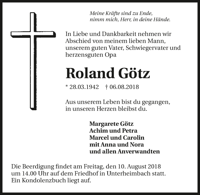  Traueranzeige für Roland Götz vom 08.08.2018 aus 