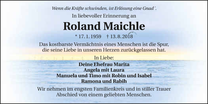  Traueranzeige für Roland Maichle vom 21.08.2018 aus 