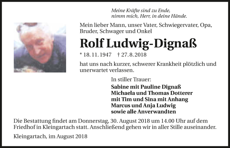  Traueranzeige für Rolf Ludwig-Dignaß vom 29.08.2018 aus 
