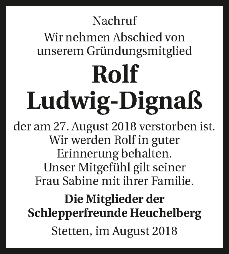  Traueranzeige für Rolf Ludwig-Dignaß vom 30.08.2018 aus 