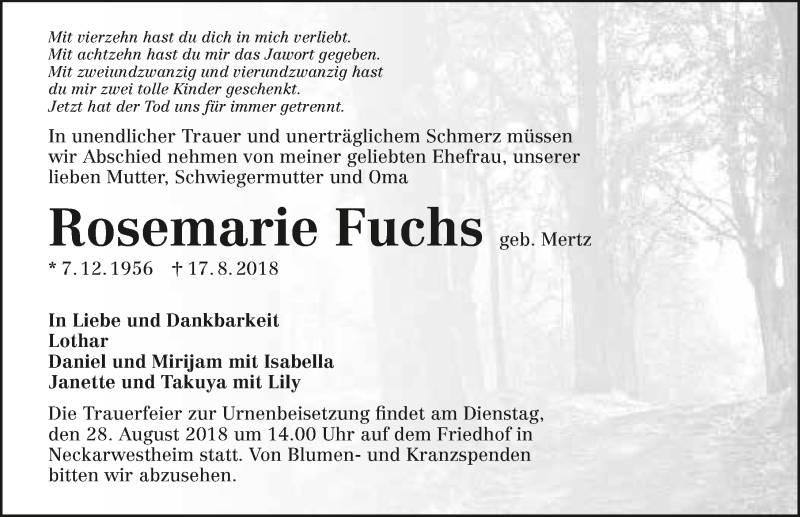  Traueranzeige für Rosemarie Fuchs vom 23.08.2018 aus 