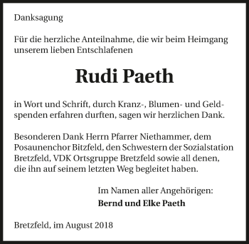 Traueranzeige von Rudi Paeth 