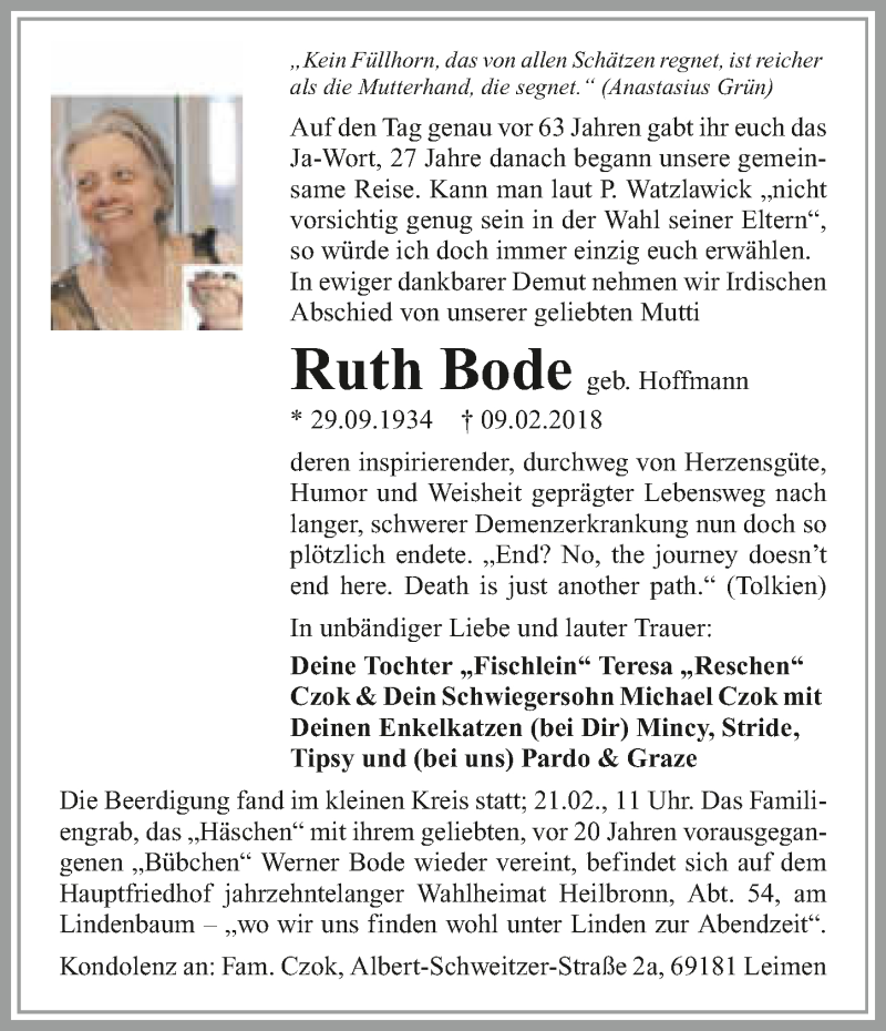  Traueranzeige für Ruth Bode vom 16.08.2018 aus 