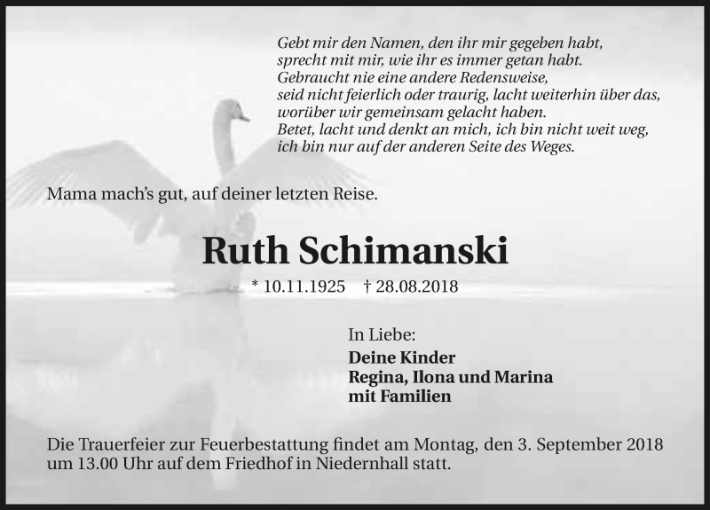  Traueranzeige für Ruth Schimanski vom 31.08.2018 aus 