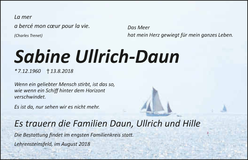  Traueranzeige für Sabine Ullrich-Daun vom 18.08.2018 aus 
