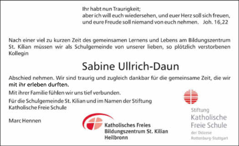  Traueranzeige für Sabine Ullrich-Daun vom 21.08.2018 aus 