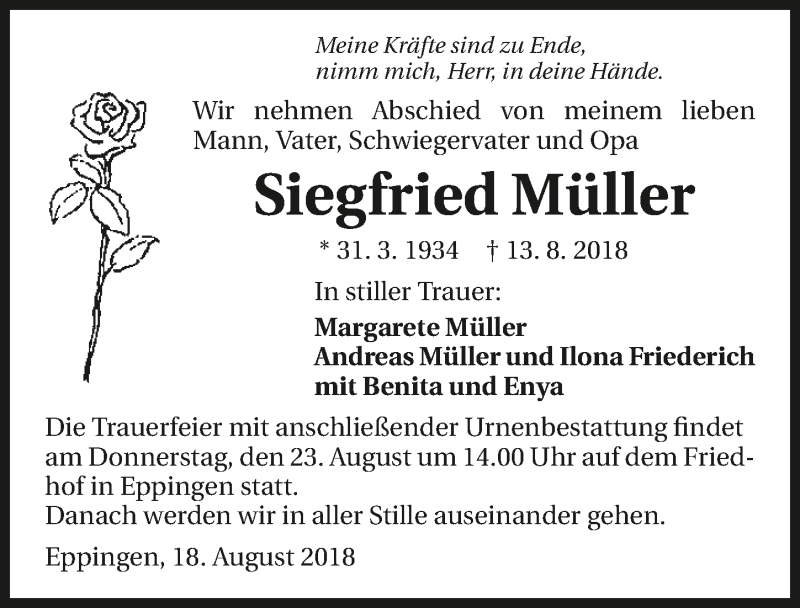  Traueranzeige für Siegfried Müller vom 18.08.2018 aus 