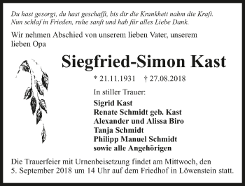 Traueranzeige von Siegfried-Simon Kast 
