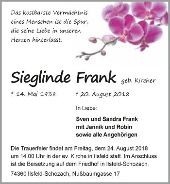 Traueranzeige von Sieglinde Frank 