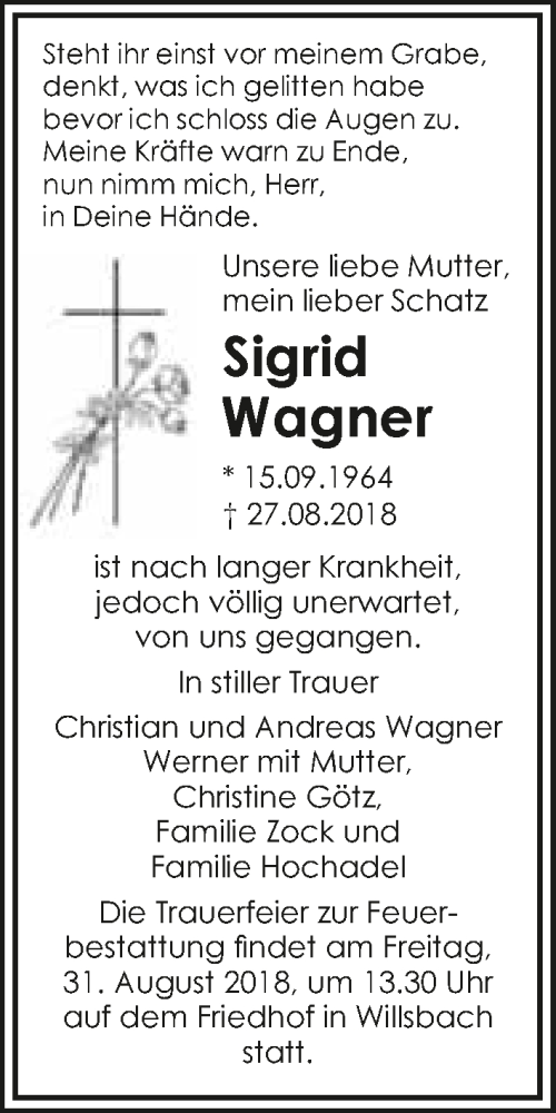  Traueranzeige für Sigrid Wagner vom 30.08.2018 aus 
