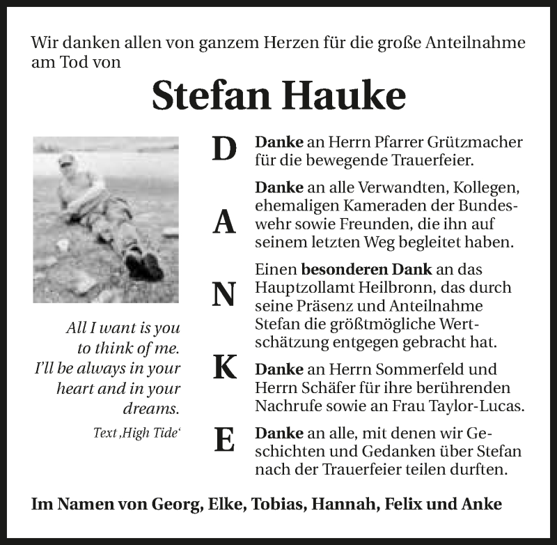 Traueranzeige für Stefan Hauke vom 04.08.2018 aus 