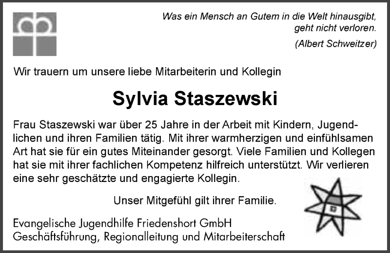  Traueranzeige für Sylvia Staszewski vom 01.09.2018 aus 