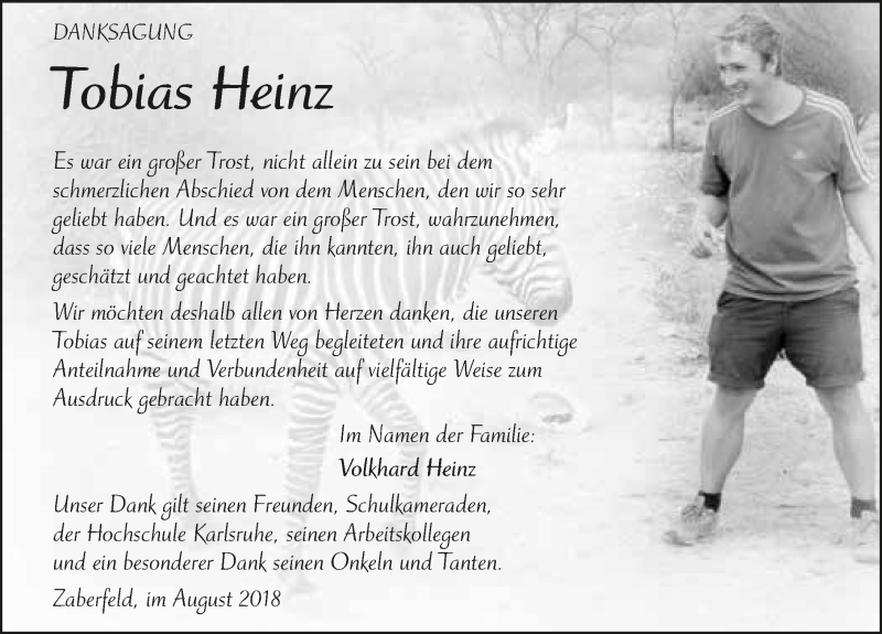  Traueranzeige für Tobias Heinz vom 02.08.2018 aus 