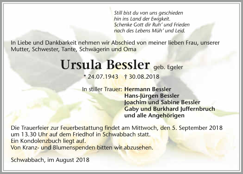  Traueranzeige für Ursula Bessler vom 01.09.2018 aus 