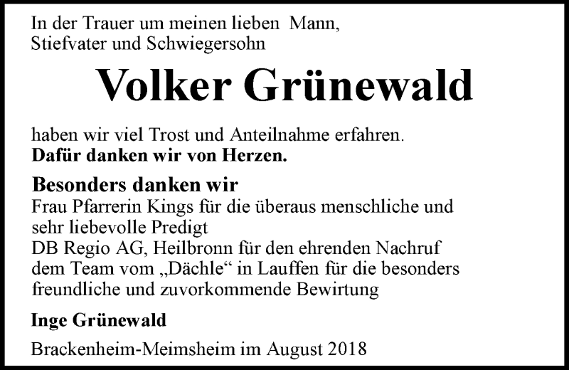  Traueranzeige für Volker Grünewald vom 30.08.2018 aus 