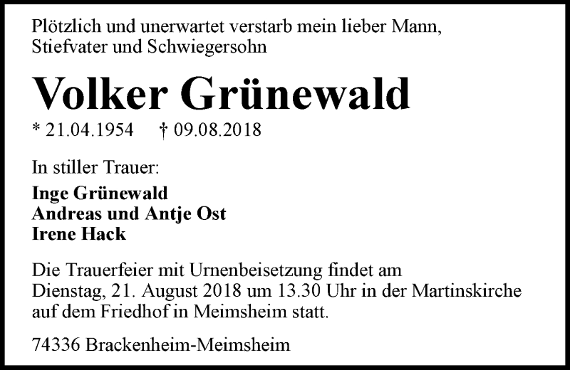  Traueranzeige für Volker Grünewald vom 16.08.2018 aus 