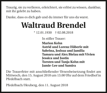 Traueranzeige von Waltraud Brendel 