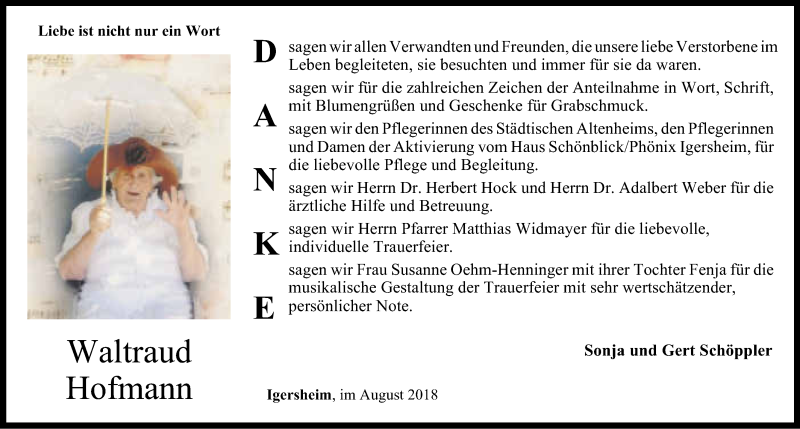  Traueranzeige für Waltraud Hofmann vom 11.08.2018 aus 